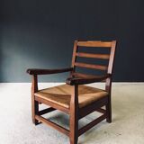 Rustic Oak & Rush Armchair, France, 1930s