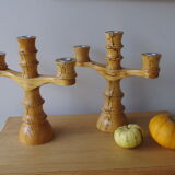 Set of 2 three-armed wooden candlesticks