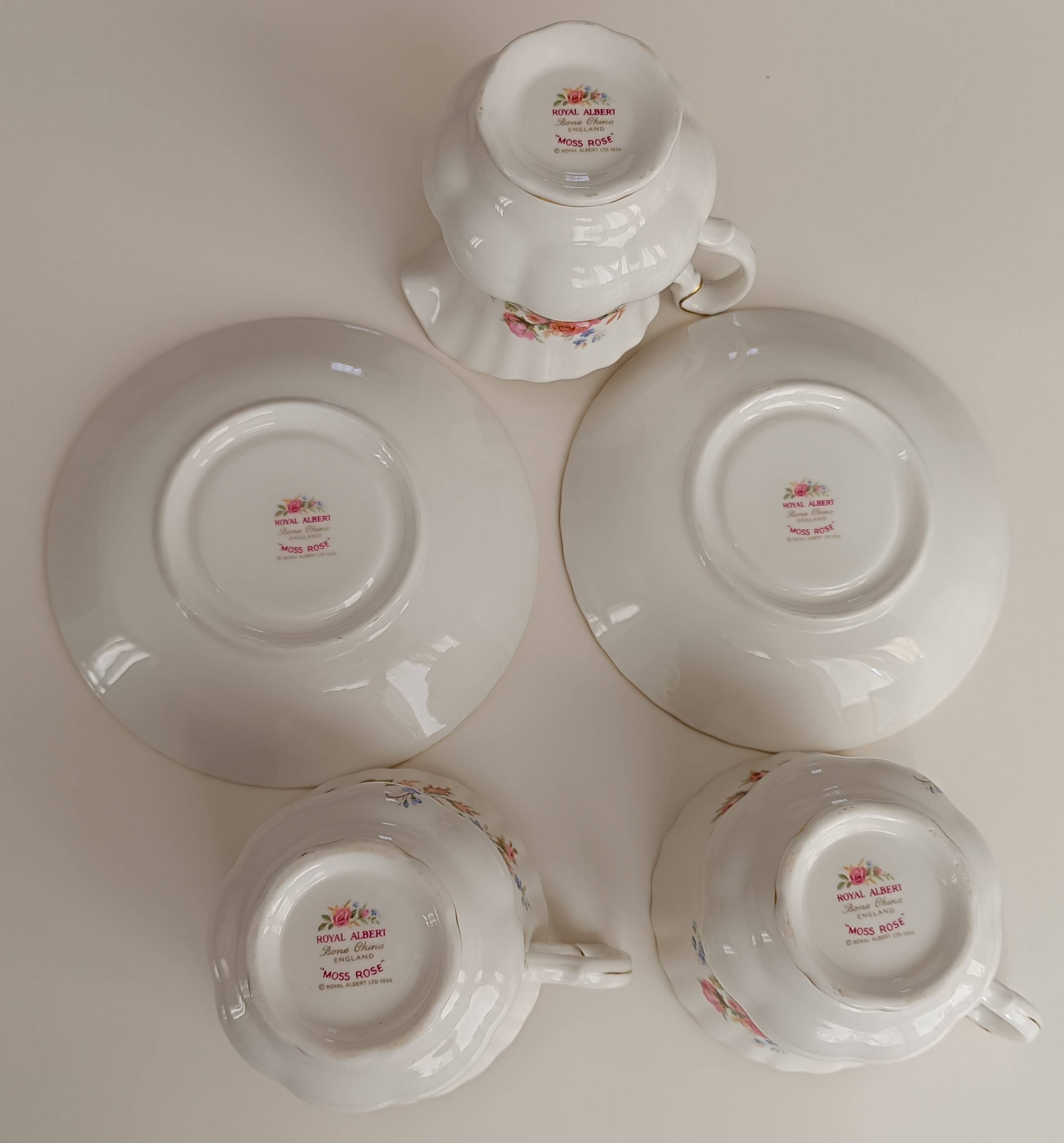 Royal Albert English porcelain set of 2 cups, saucers, and milk jug.