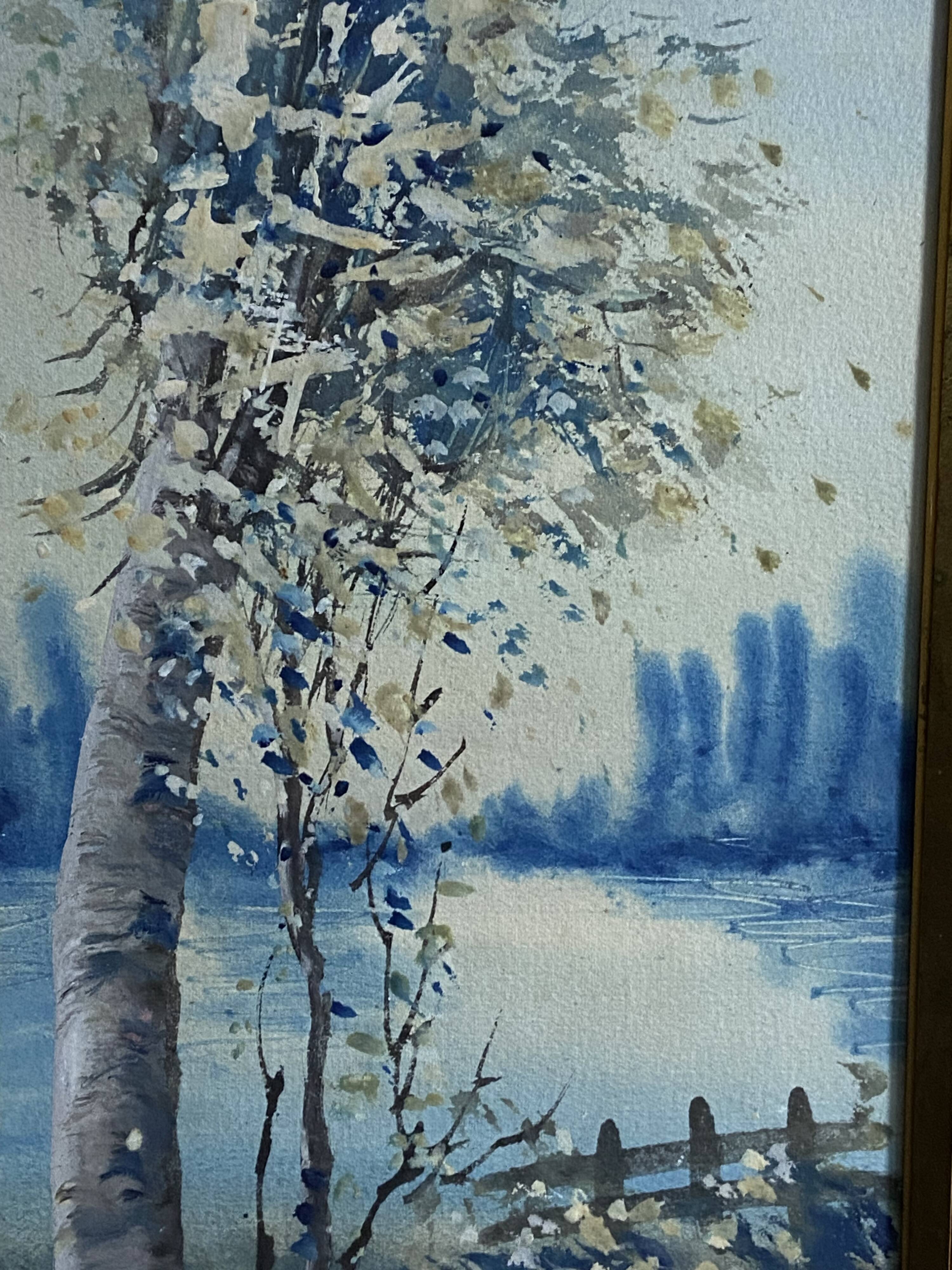 Large watercolor from the early 20th century, signed landscape of a wooded river bank