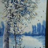 Large watercolor from the early 20th century, signed landscape of a wooded river bank