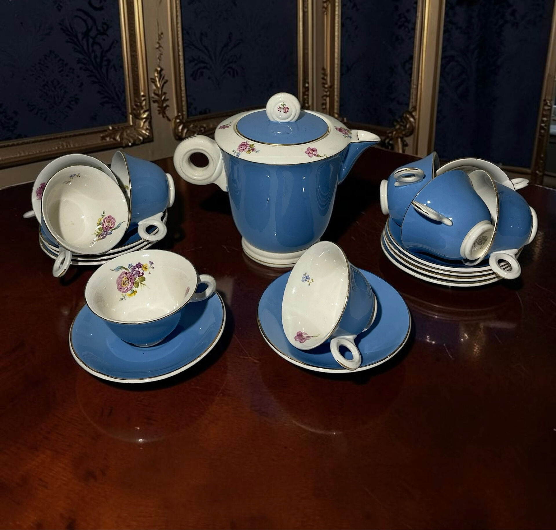 Service à café vintage Digoin Sarreguemines – 9 personnes – Bleu & fle