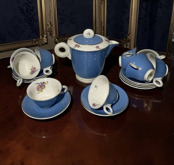 Service à café vintage Digoin Sarreguemines – 9 personnes – Bleu & fle