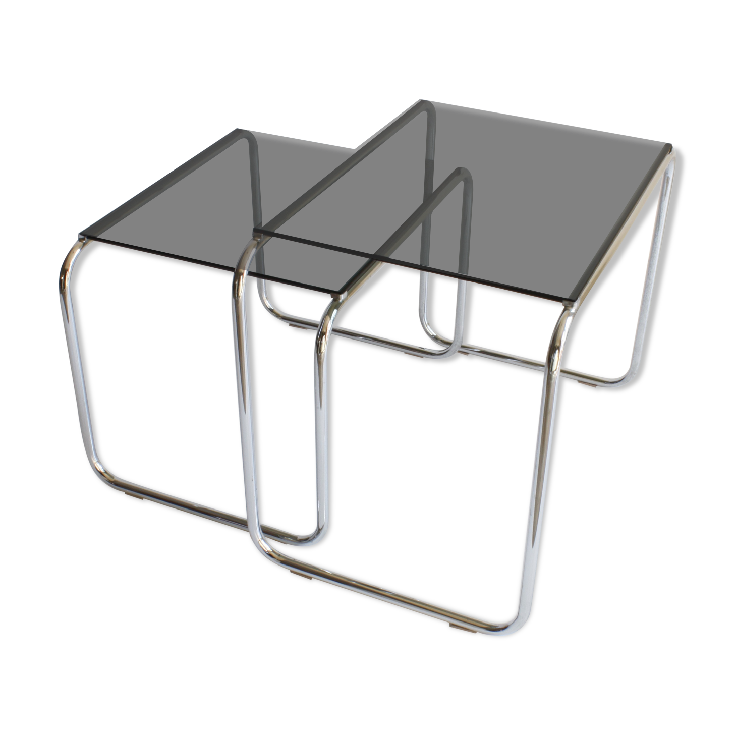 Tubular steel and smoked glass side tables, set of 2