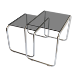 Tubular steel and smoked glass side tables, set of 2