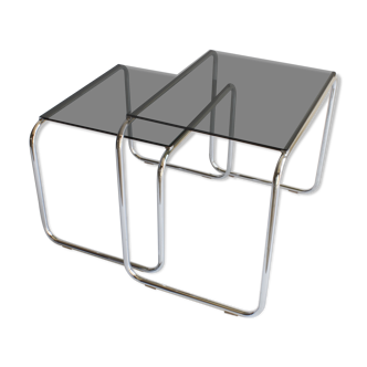Tubular steel and smoked glass side tables, set of 2
