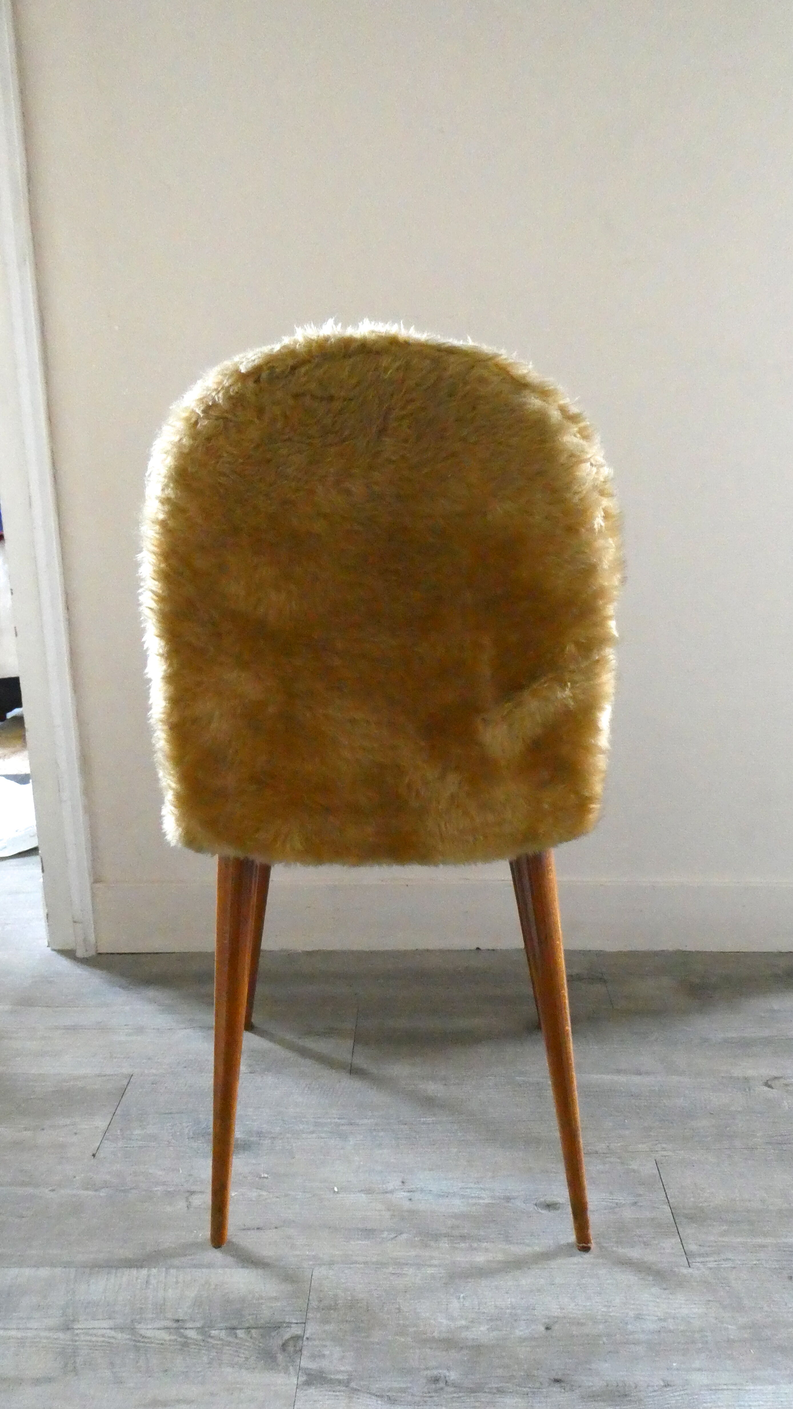 Golden moumoute chair, wooden compass feet, 60s