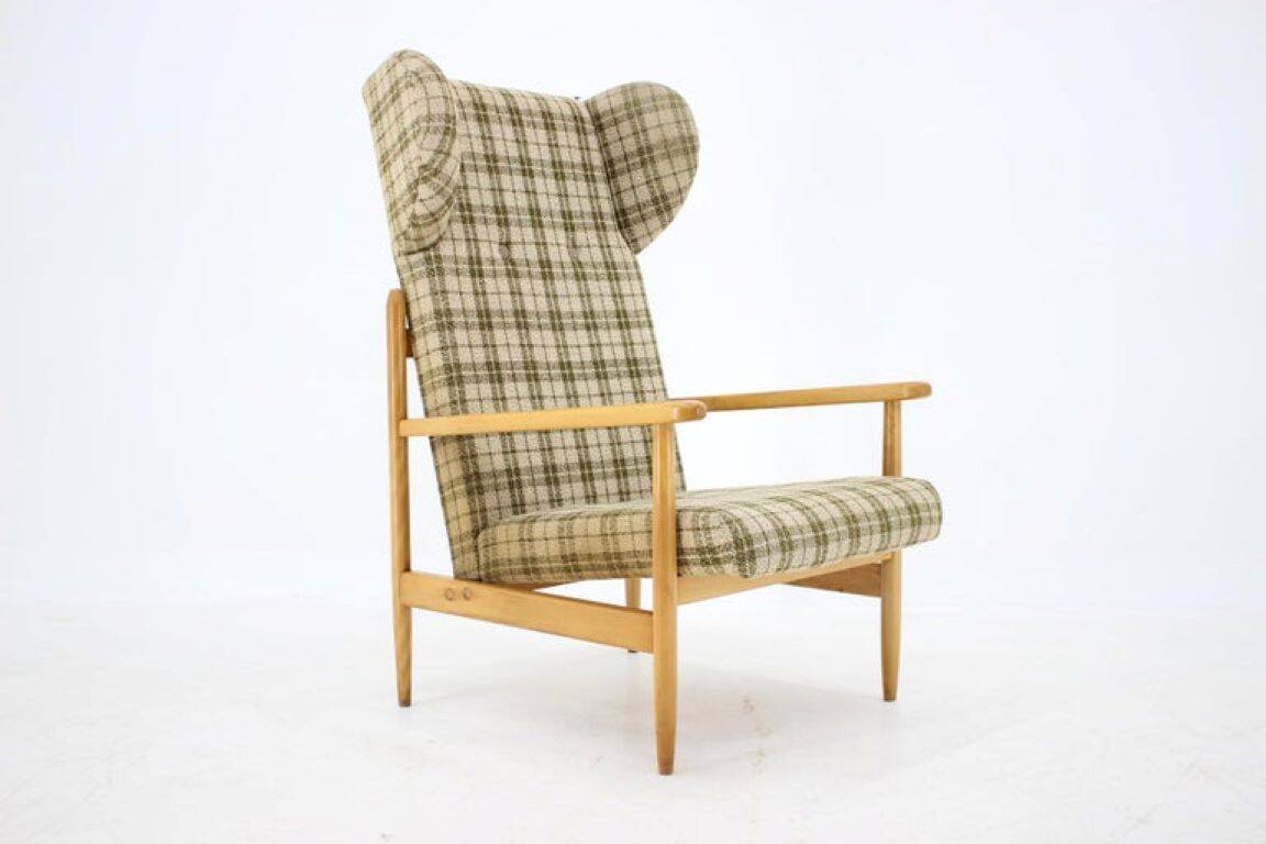 1960s Rare Mid-Century Modern Beech Wing Armchair by ÚLUV, Czechoslovakia