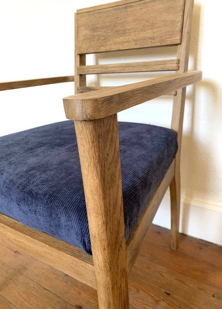 Art Deco armchair in solid wood and blue corduroy fabric