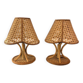 Pair of vintage rattan and cane lamps