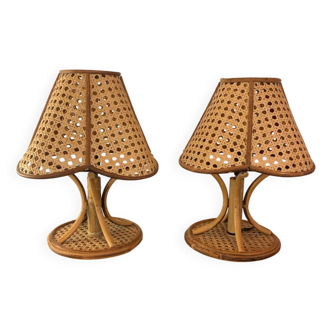 Pair of vintage rattan and cane lamps