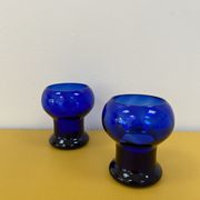 Duo of cobalt blue glass candlestick photophores