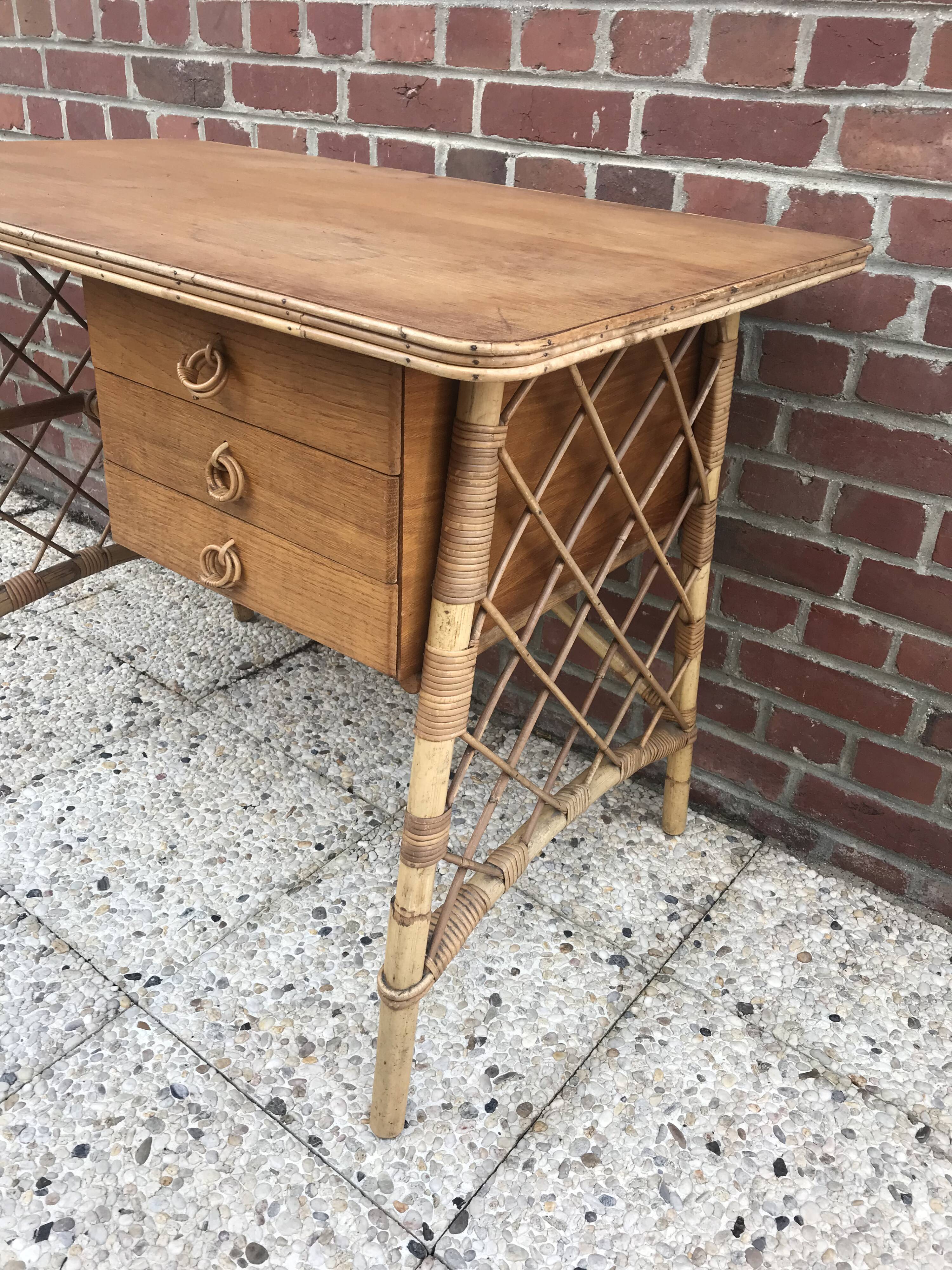 Vintage desk with 3 rattan drawers by Louis Sognot 1960