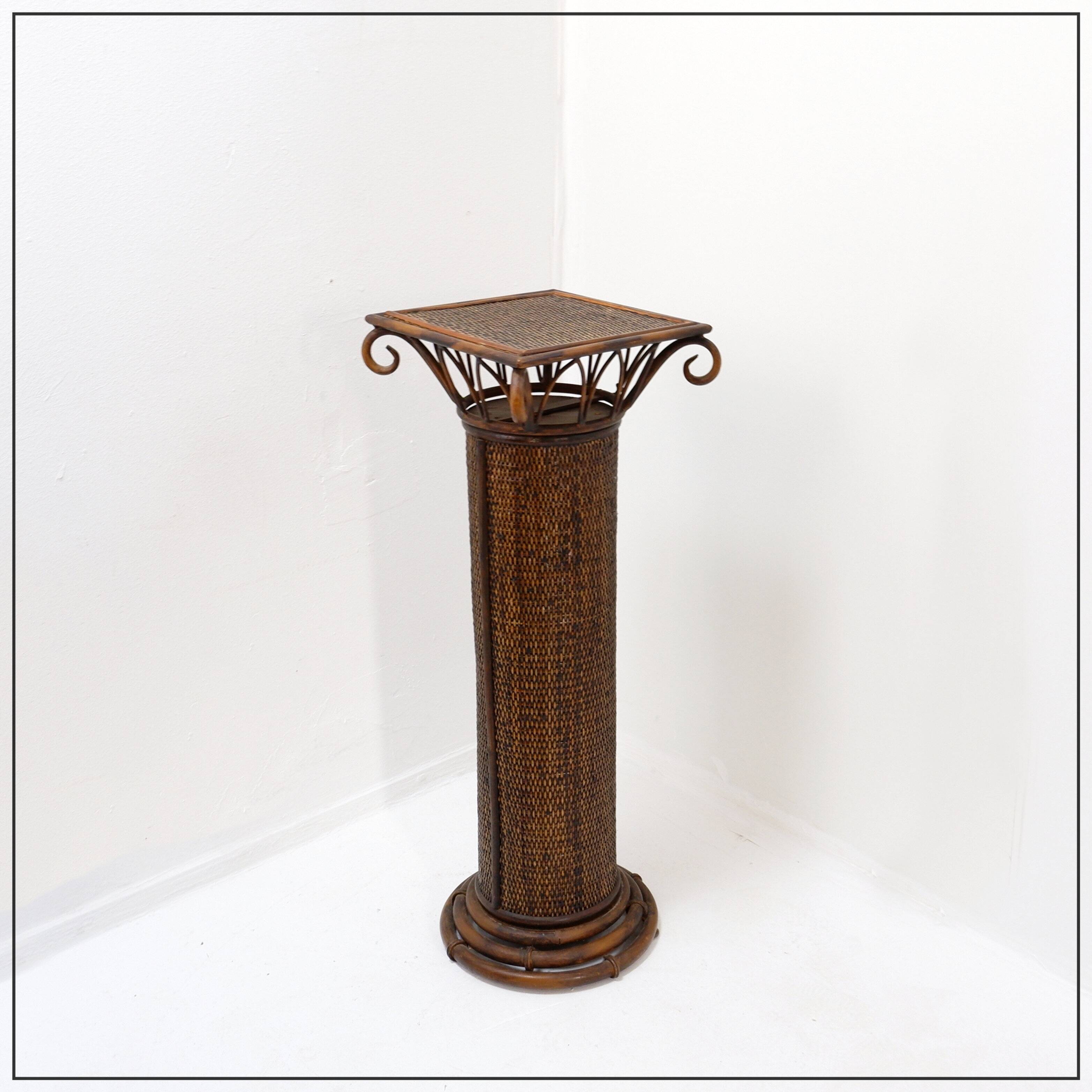 Vintage wicker and bamboo pedestal column
