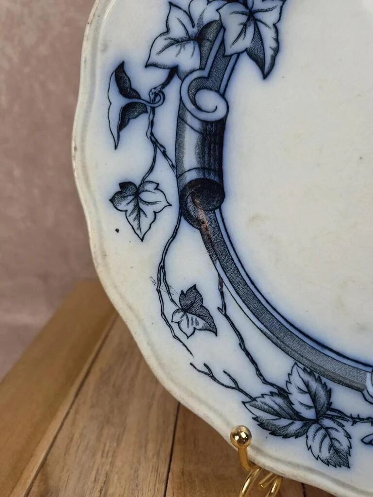 Antique English plate BWM & Co – Rose & Ivy pattern – registered 1868 – blue and black decoration.
