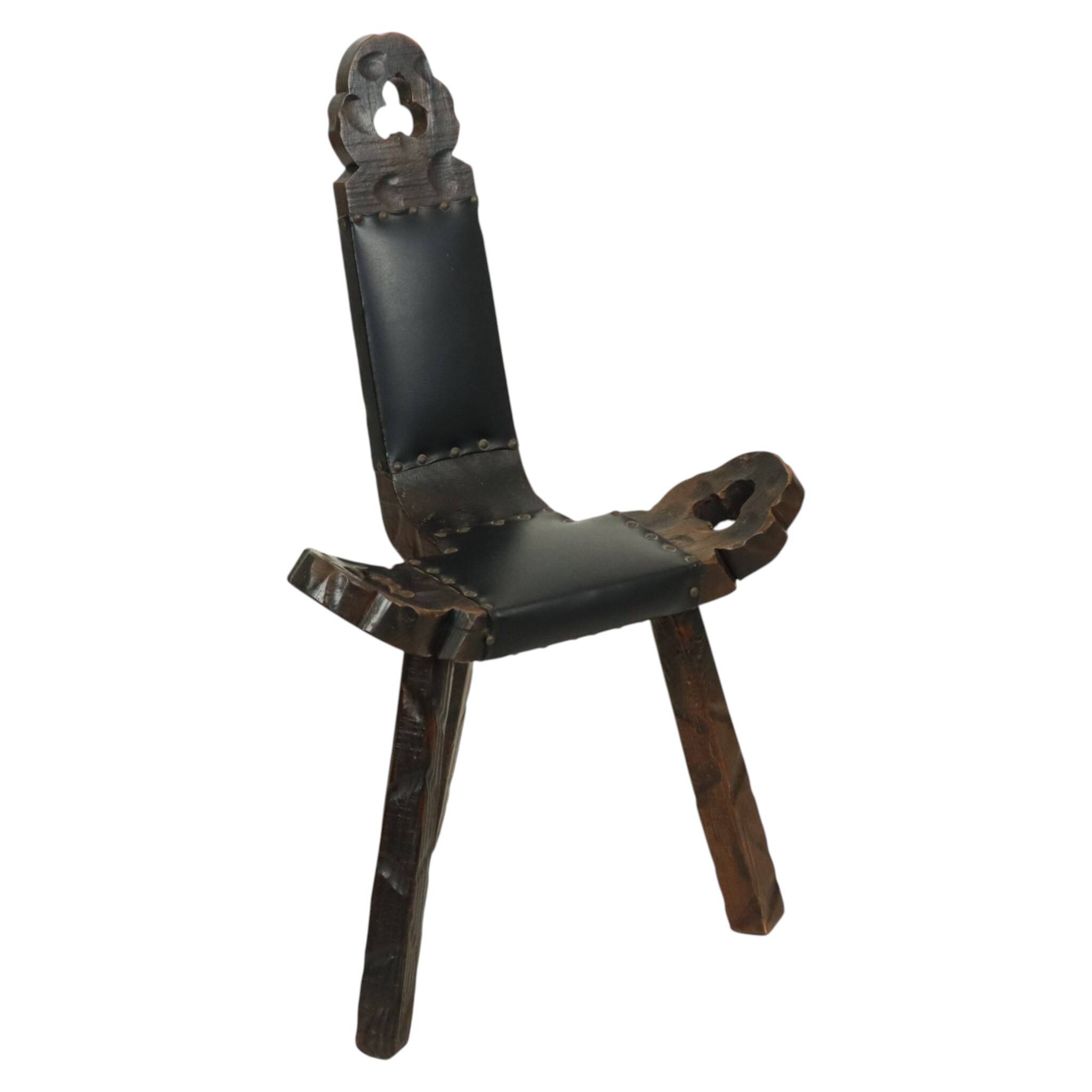 Mid Century Brutalist Tripod Chair Pine Faux Leather Spain