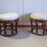 pretty pair of 2 bamboo and rattan stools with cushions - 80s - Vintage - set of 2