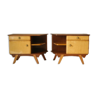 Pair of vintage wooden bedside tables compass feet