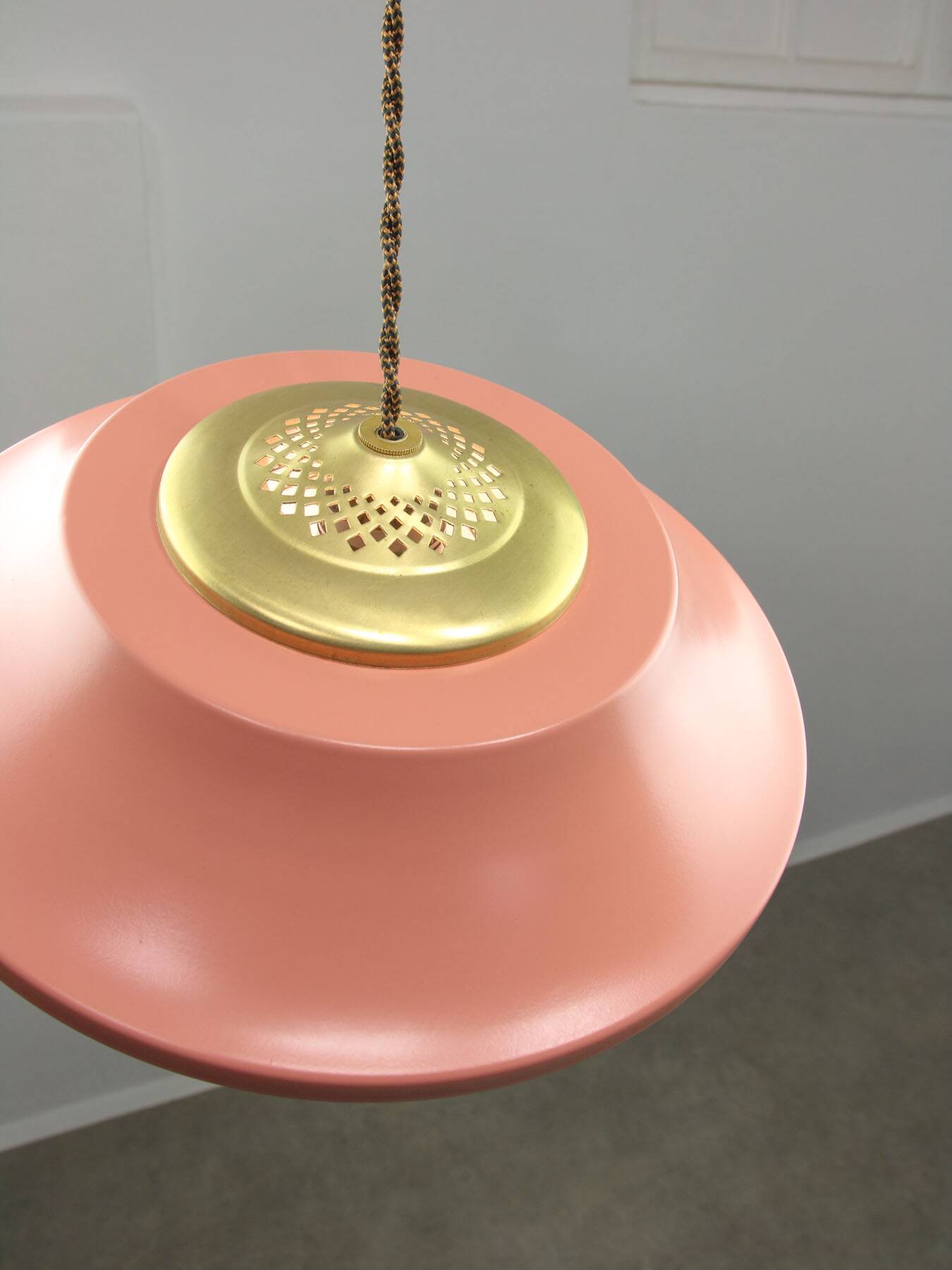 Mid-Century Italian Pink Metal and Brass Pendant Lamp