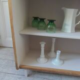 Vintage bookshelf in oak veneer, pearl grey interior, metal legs.