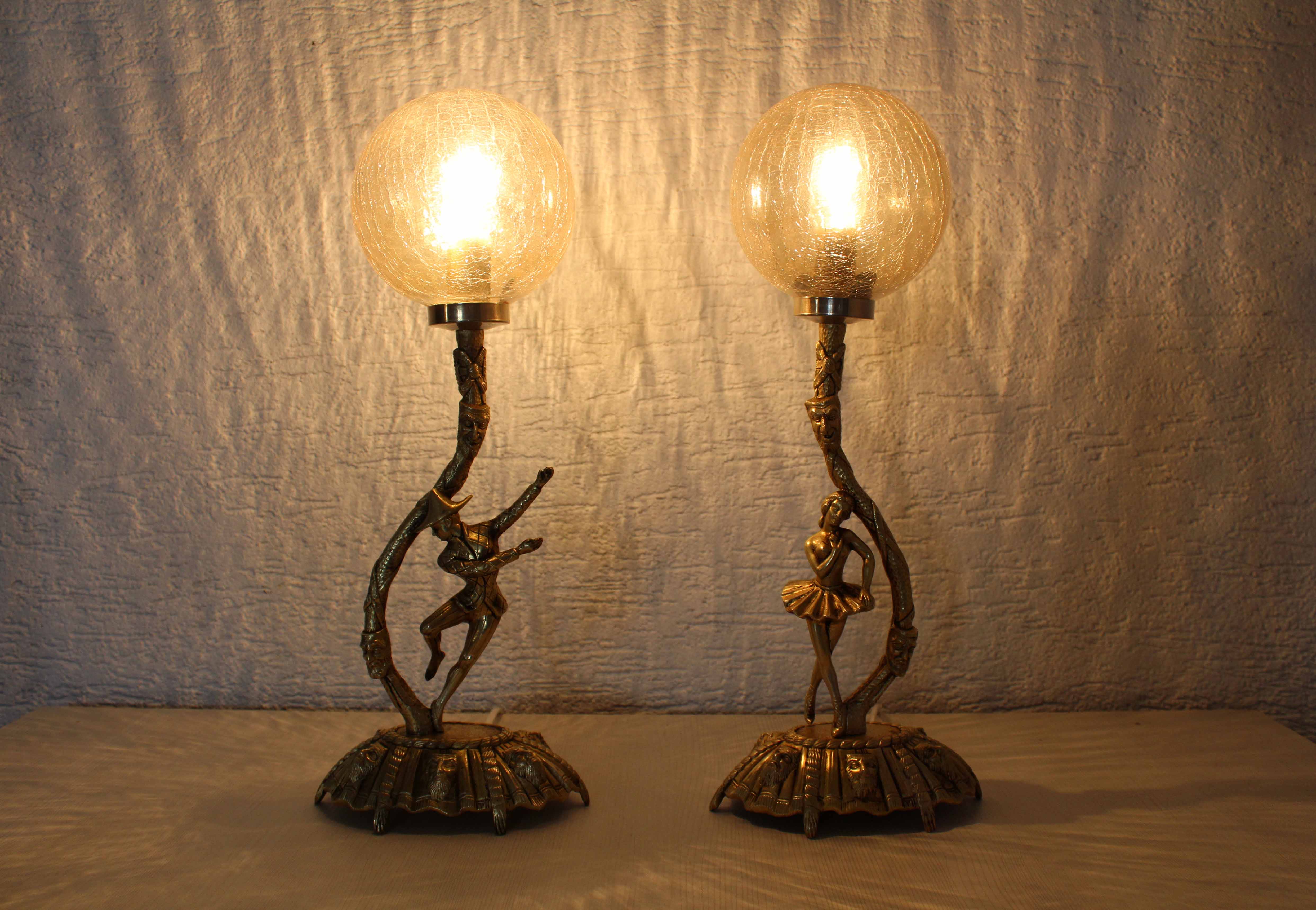 Pair of lamps in bronze and gilded glass