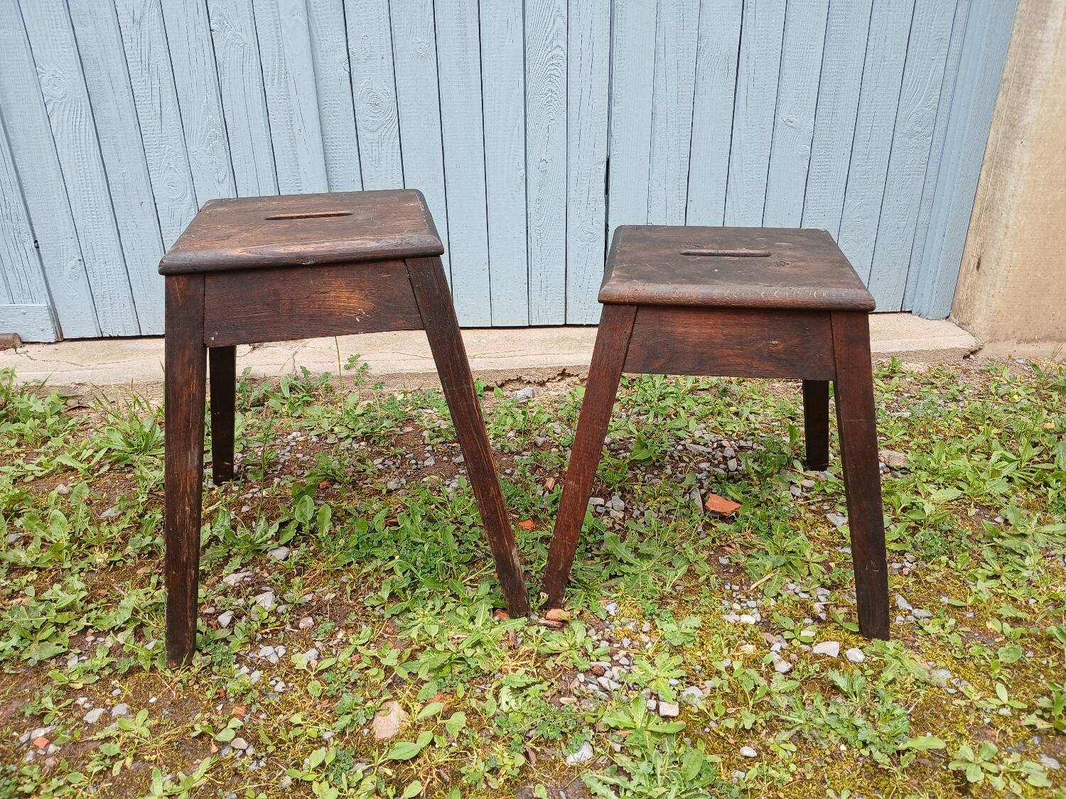2 antique wooden workshop stools