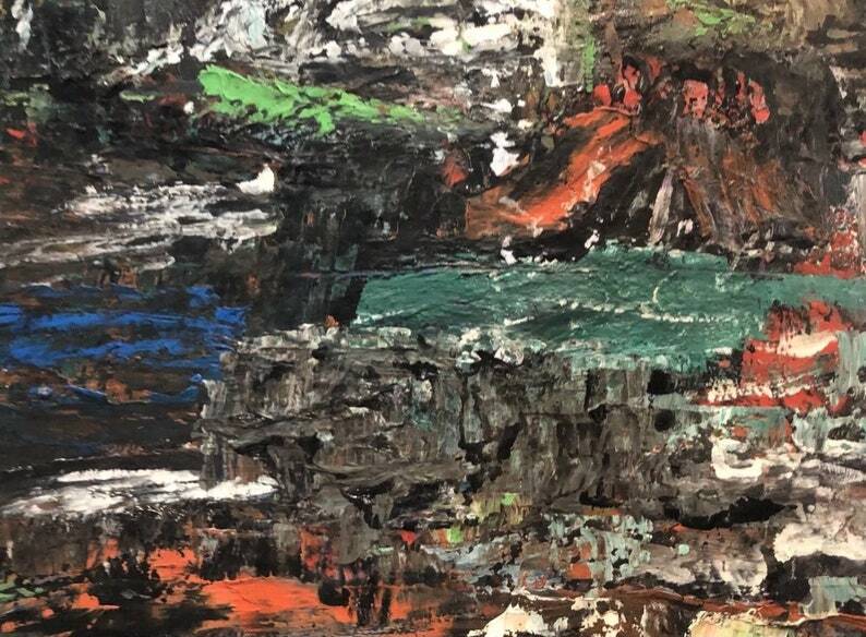 1970s Signed French Abstract Cityscape Oil on Canvas – Demys