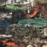 1970s Signed French Abstract Cityscape Oil on Canvas – Demys