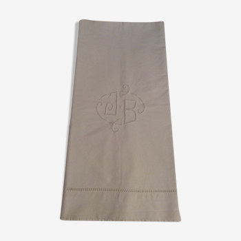 Old white sheet embroidered hand monogram embroidered "JB" Dimensions 1,90*2,70 m