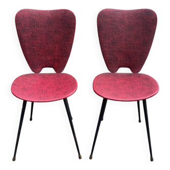 2 chaises pétales cuir skaï rouge bordeaux et métal noir 1950 Sery