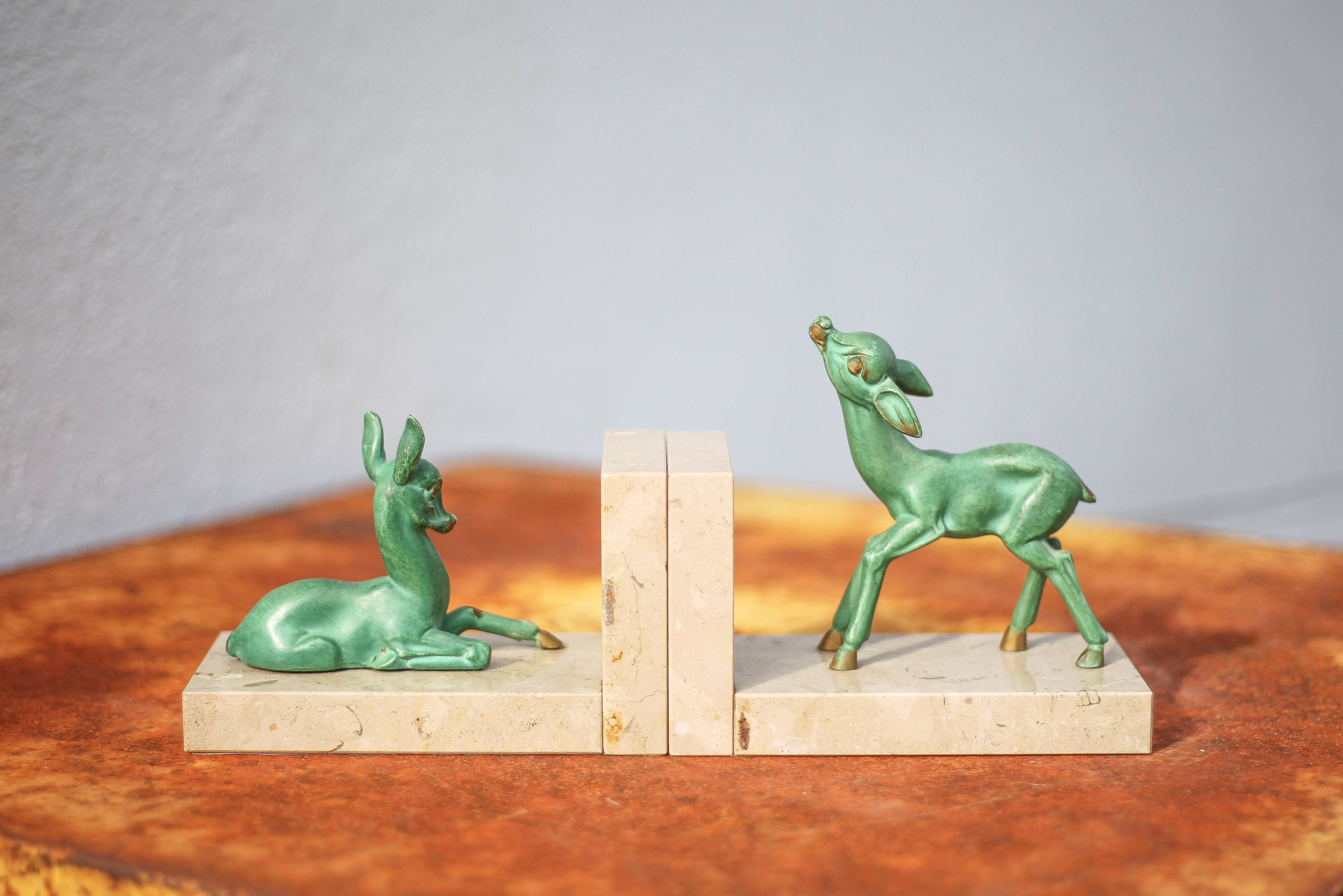 Marble and green patina metal bookends, vintage style bookends, animals, paperweight