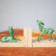 Marble and green patina metal bookends, vintage style bookends, animals, paperweight