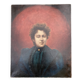 Tableau  ancien - portrait de femme sur fond de soleil rouge