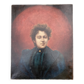 Old painting - portrait of a woman against a red sun background