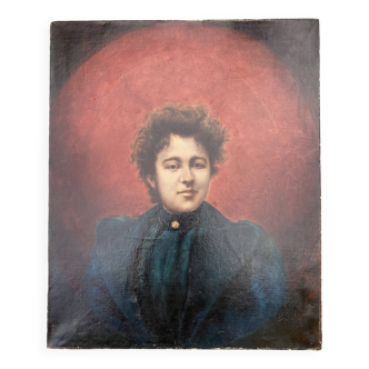 Tableau  ancien - portrait de femme sur fond de soleil rouge
