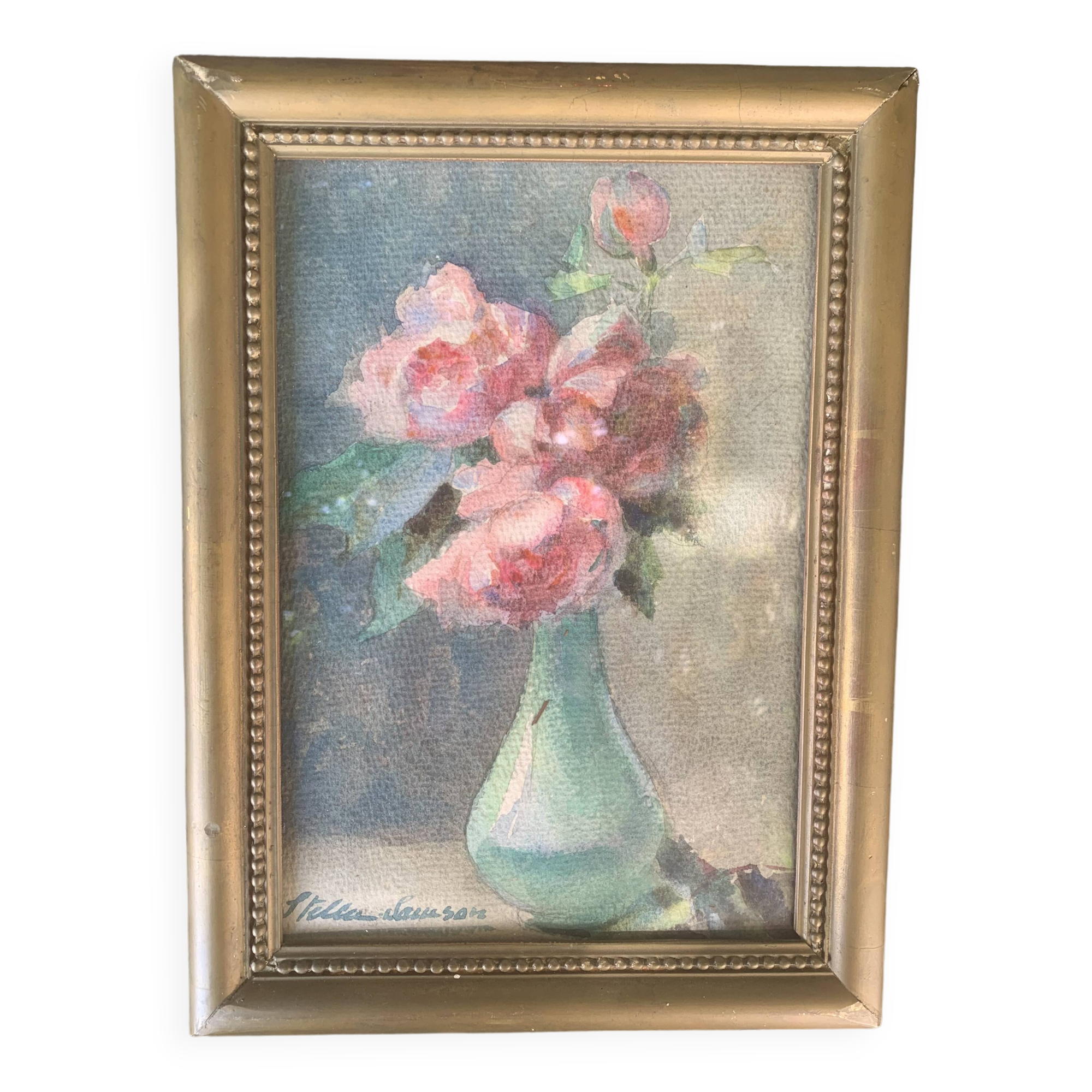 Watercolor still life, signed stella samson, bouquet of roses in a vase circa 1900