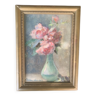 Watercolor still life, signed stella samson, bouquet of roses in a vase circa 1900
