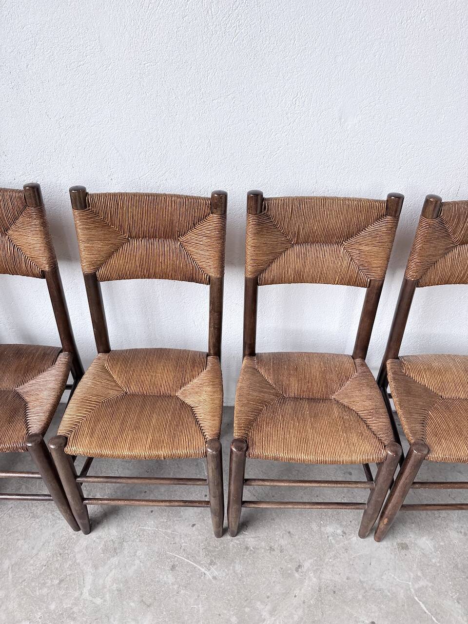 Set of 6 straw and oak Beauche chairs.