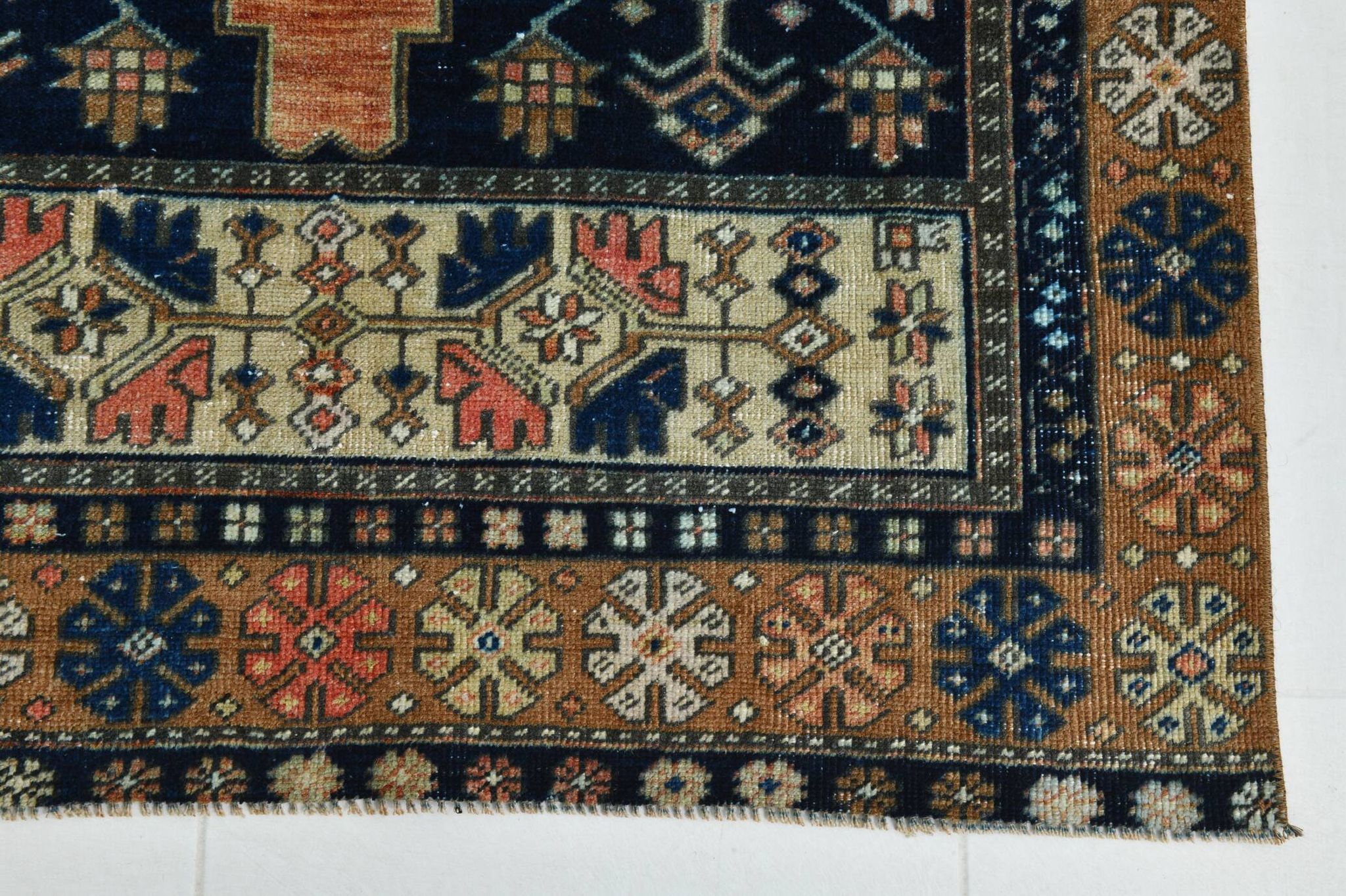 Tapis persan géométrique rouge bleu marine 3x7, 102x223 cm