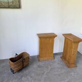 Magazine rack or log rack in straw with brutalist base from the 50s