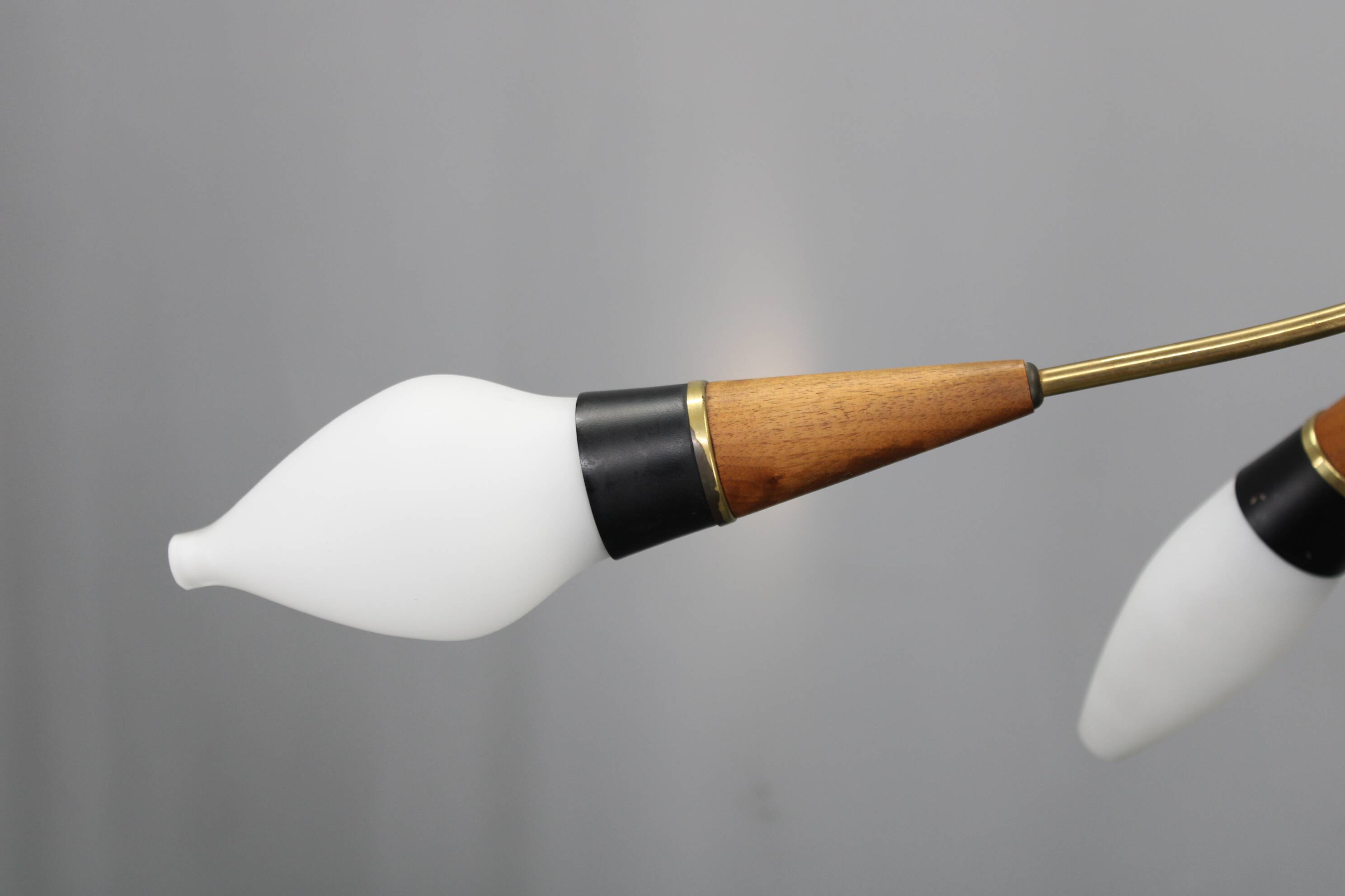 1960s Rupert Nikoll Brass and Teak Opaline Glass Chandelier, Austria