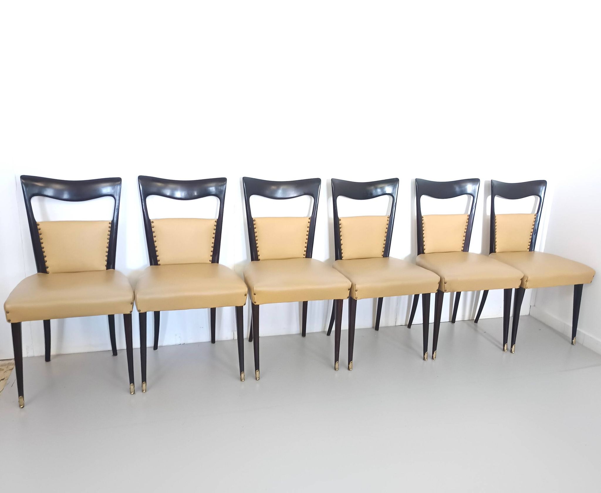 Set of Six Beige Skai Dining Chairs Ascr. to Melchiorre Bega, Italy