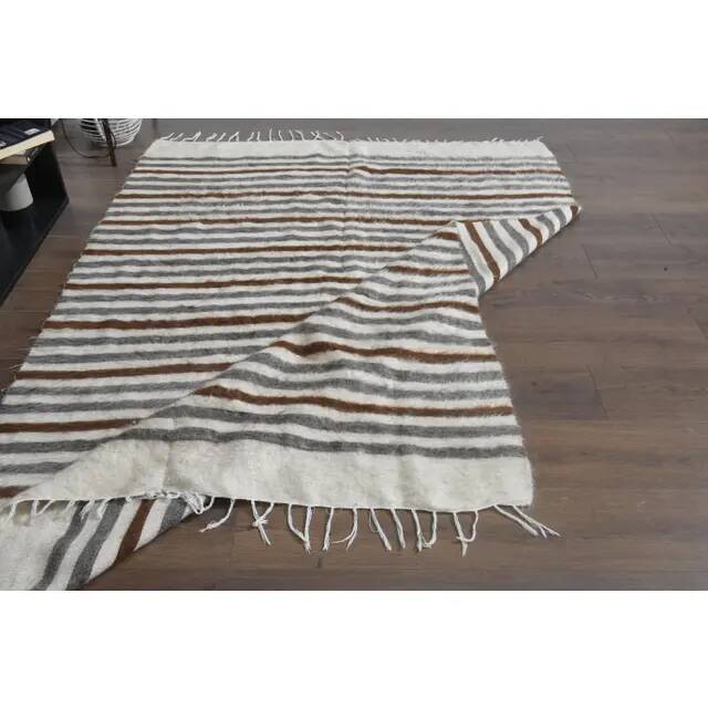 1970s Vintage Turkish Handmade Wool Cotton Beige Brown Kilim Rug 152x208