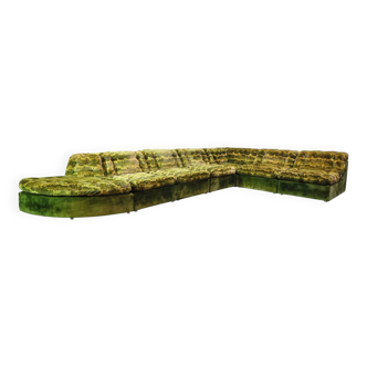 XL Woodstock Style Greenish Velvet Modular Sofa with Ottoman by Laauser 70s