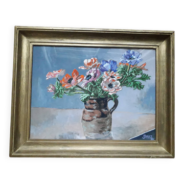 Tableau ancien représentant un bouquet d'anémones
