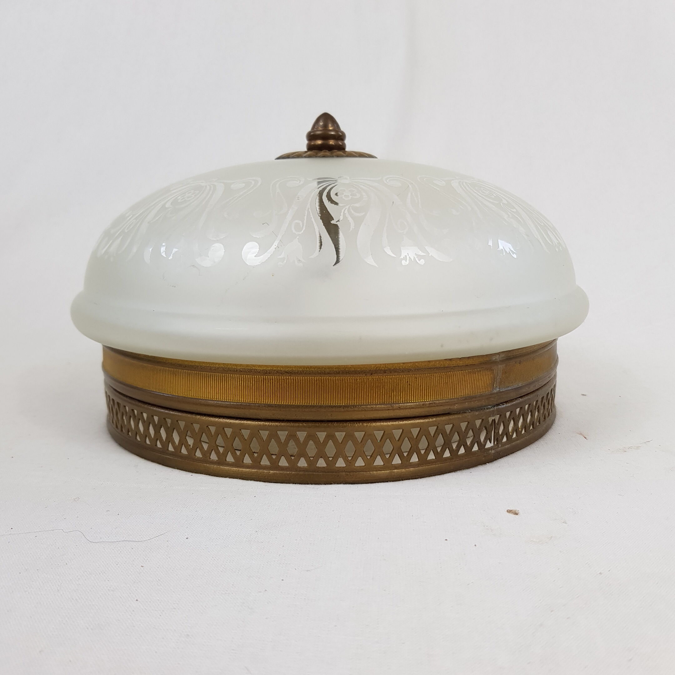 Glass globe ceiling lamp frosted pattern and brass opened frame