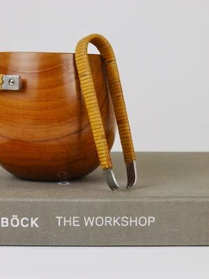Carl Aubock sugar bowl & tongs, walnut, nickel, cane, no. 3536, 1940s