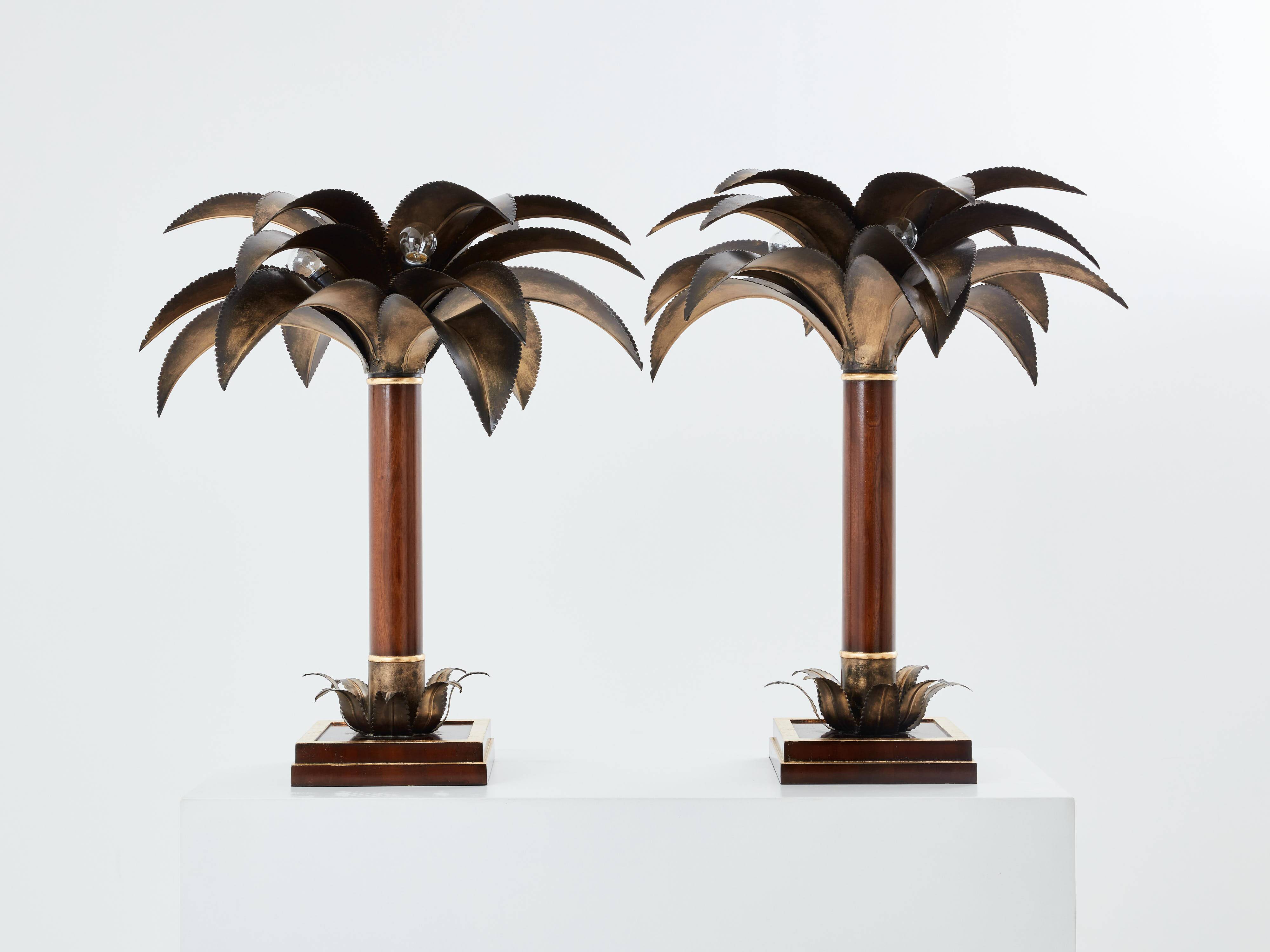 Maison Jansen style pair of bronze mahogany palm tree lamps 1960s