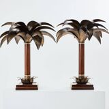 Maison Jansen style pair of bronze mahogany palm tree lamps 1960s