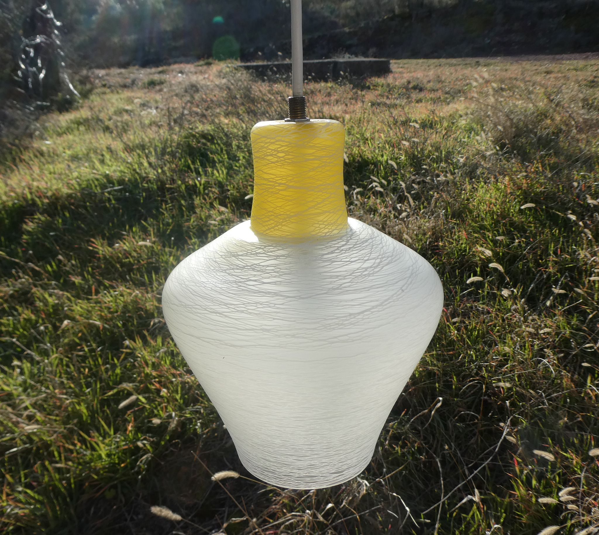 white and yellow vintage textured glass pendant lamp 50s
